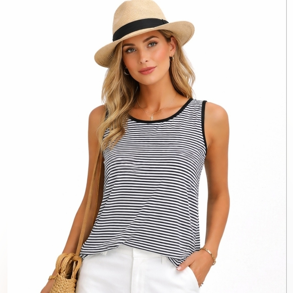 Picadilly Fashions Sleeveless Striped Top LG Made in Canada Navy White Stretch